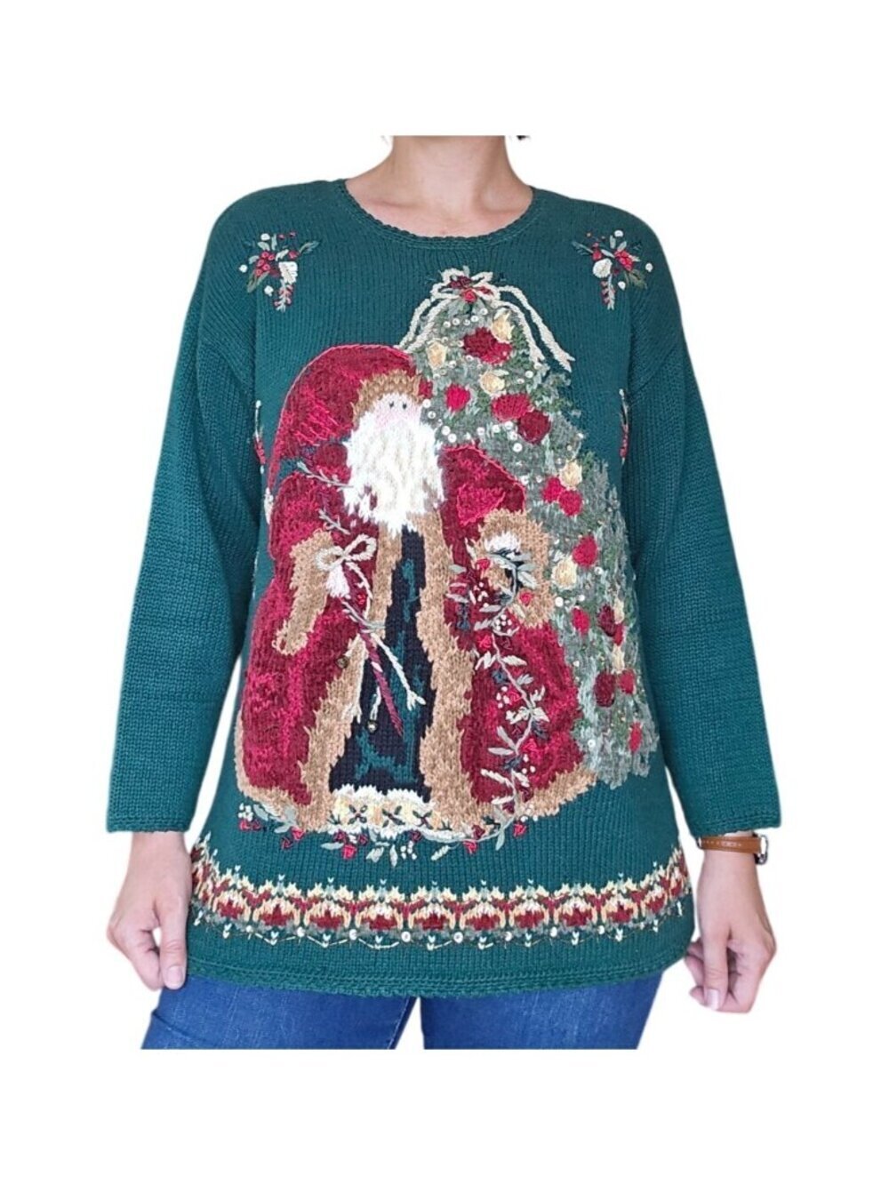 Vintage Tiara International Santa Christmas Tree Knit Sweater Womens Size Large